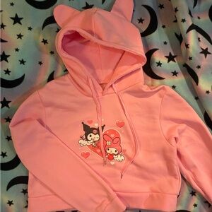 Pink Hoodie with Kuromi and my melody Print